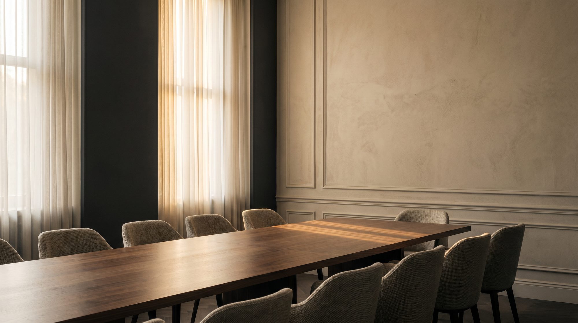 A quiet executive boardroom at dawn, soft natural light across a long table