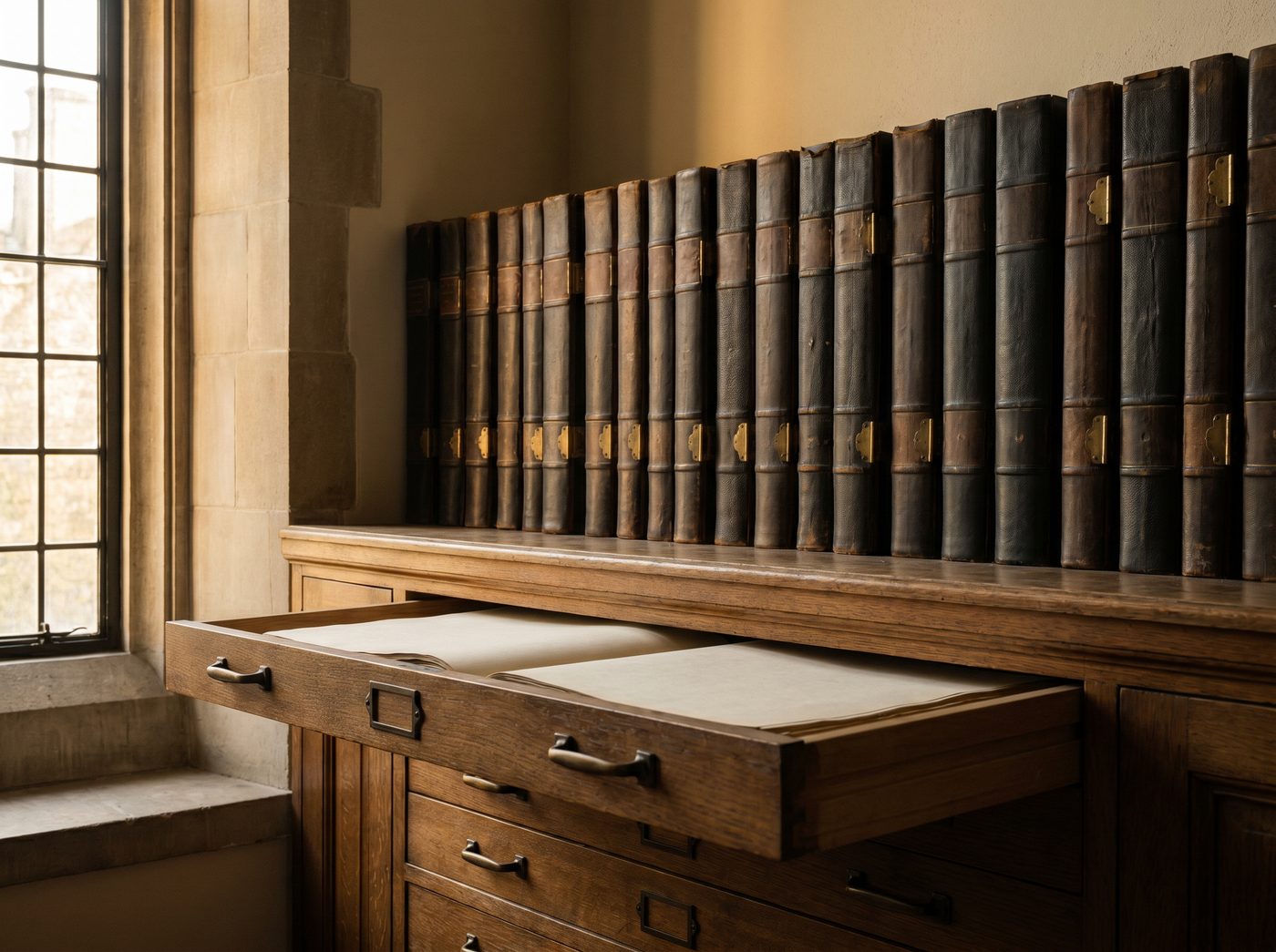 A warm archive of bound ledgers above a wooden flat-file drawer